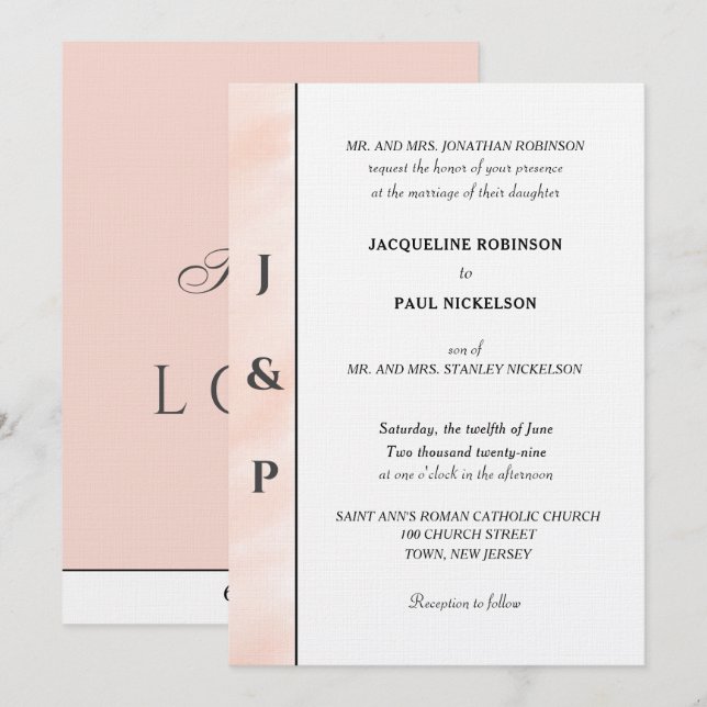 Minimalist Blush Watercolor Monogram  Invitation (Front/Back)