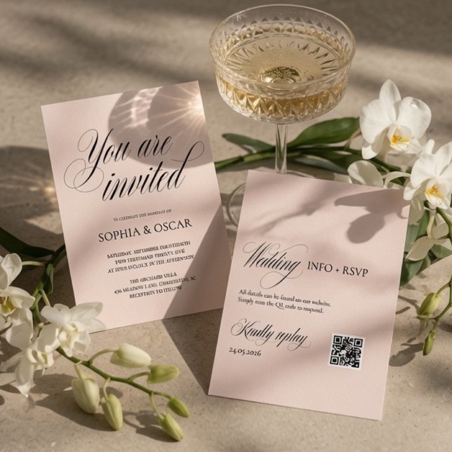 Minimalist Blush Wedding Invitation with QR Code  (Creator Uploaded)