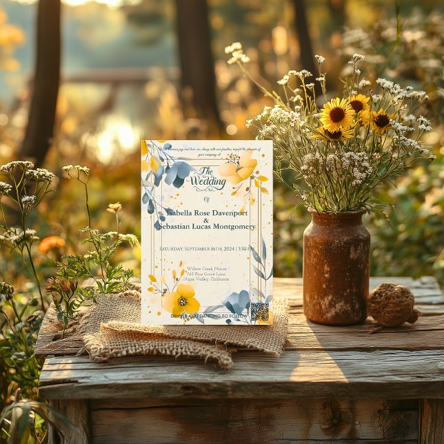 Minimalist Bohemian Mustard Yellow & Blue Wedding Invitation (Creator Uploaded)