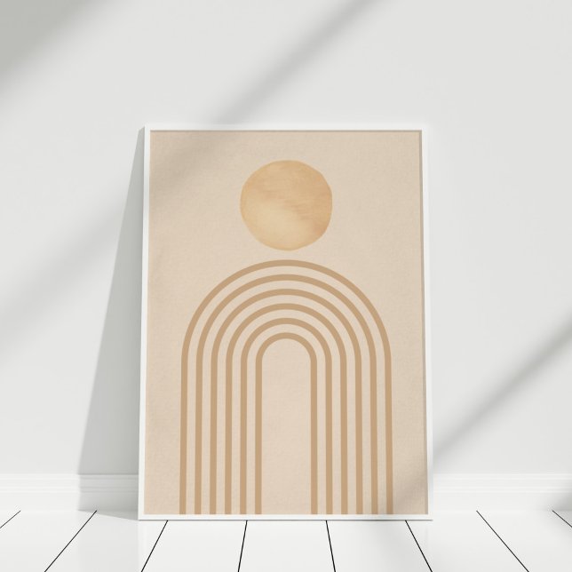 Minimalist Boho Arch Rainbow Neutral Wall Art  (Boho Neutral Peach Terracotta Sun Rainbow Poster in white frame on wooden floor.)