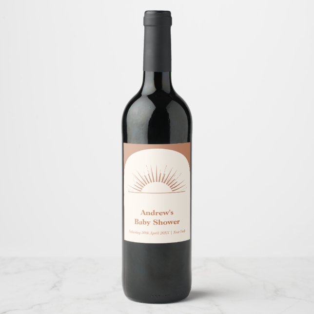 Minimalist Boho Arch Sunshine Baby Shower Wine Label (Front)