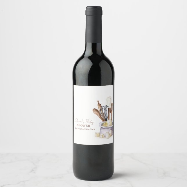 Minimalist Boho Bakery Chef Baby Shower Wine Label (Front)