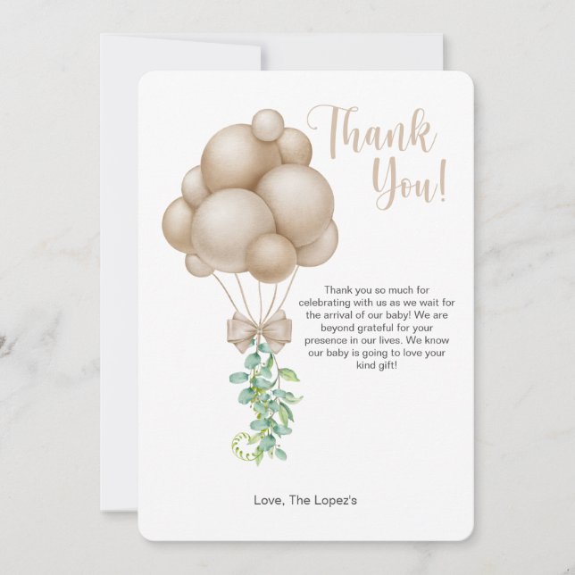 Minimalist Boho Balloon Baby Shower Thank You Card (Front)