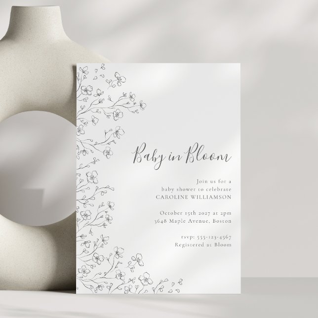 Minimalist Boho Black White Floral Art Baby Shower Invitation (Creator Uploaded)