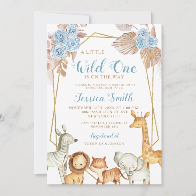Minimalist Boho Blue Floral Safari Boy Baby Shower Invitation (Front)