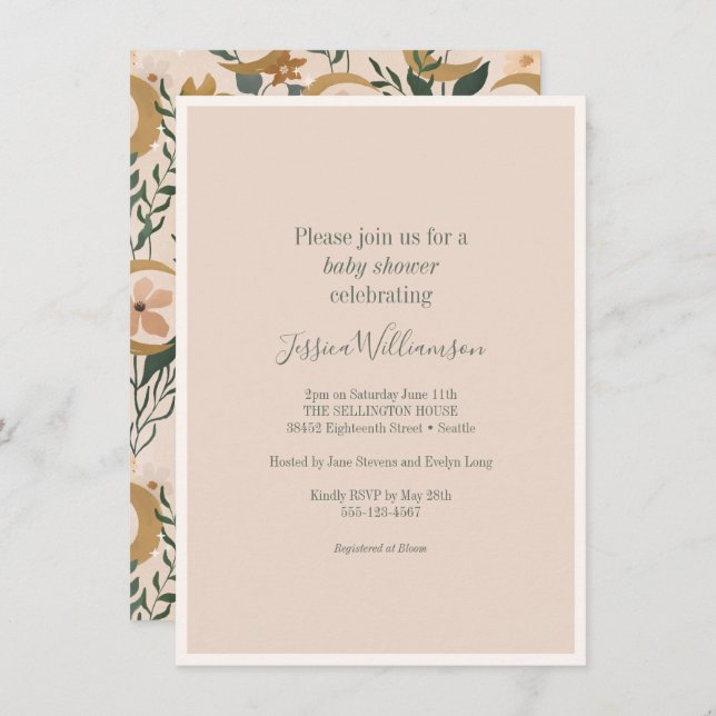 Minimalist Boho Blush Floral Moon Baby Shower Invitation (Front/Back)