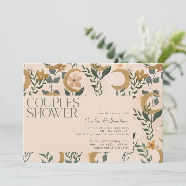 Minimalist Boho Blush Floral Moon Couples Shower Invitation (Standing Front)