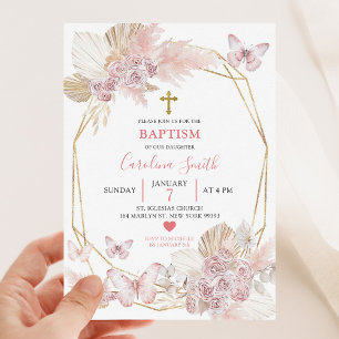 Minimalist Boho Blush Pink Roses Butterfly Baptism Invitation