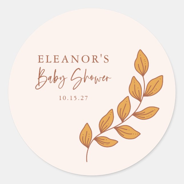 Minimalist Boho Botanical Baby Shower Custom Classic Round Sticker (Front)