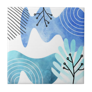 Minimalist Boho Botanical Leaves Lines Art Ceramic Tile