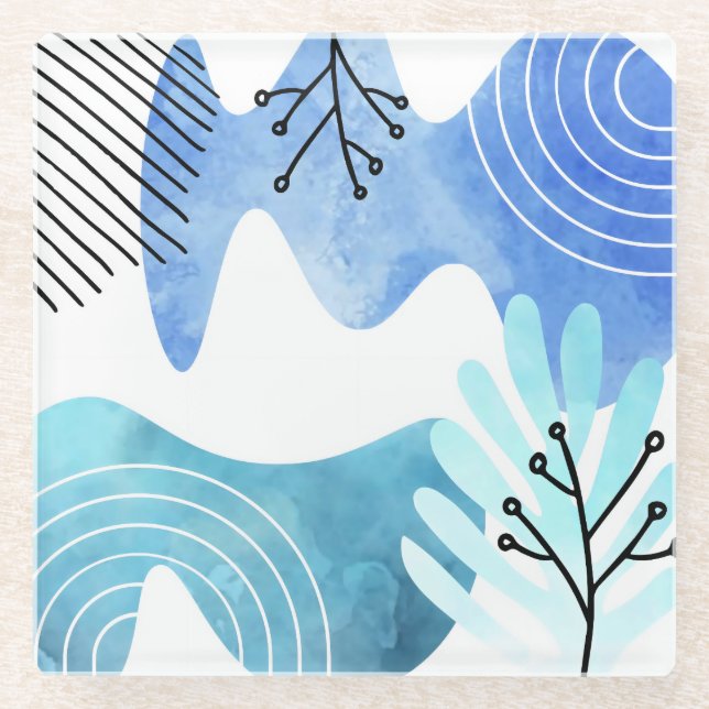 Minimalist Boho Botanical Leaves Lines Art Glass Coaster (Front)