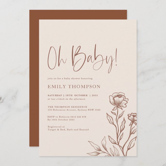 Minimalist Boho Botanical Terracotta Baby Shower Invitation (Front/Back)
