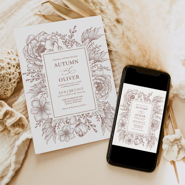 Minimalist Boho Botanical Terracotta White Wedding Invitation (Creator Uploaded)
