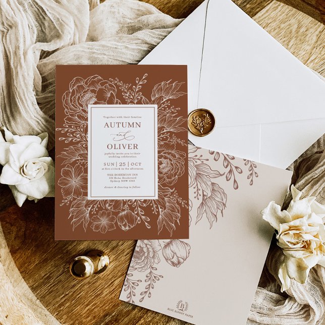 Minimalist Boho Botanical Terracotta White Wedding Invitation (Creator Uploaded)