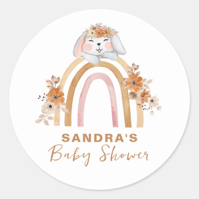 Minimalist Boho Bunny Rainbow Floral Baby Shower  Classic Round Sticker (Front)