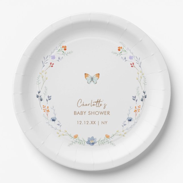 Minimalist Boho Butterfly Wildflower Baby Shower  Paper Plate (Front)