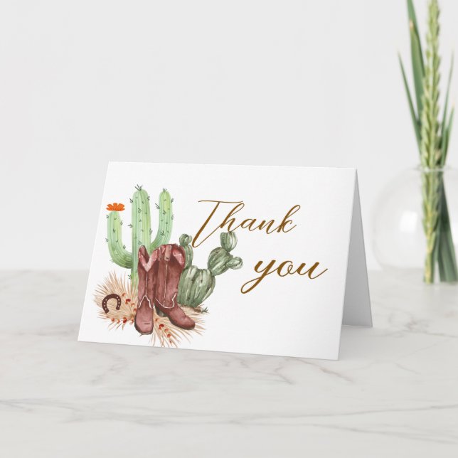 Minimalist Boho Cactus Cowboy Shoes Baby Shower  Thank You Card (Front)