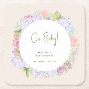 Minimalist Boho Cactus Desert Oh Baby Shower  Square Paper Coaster
