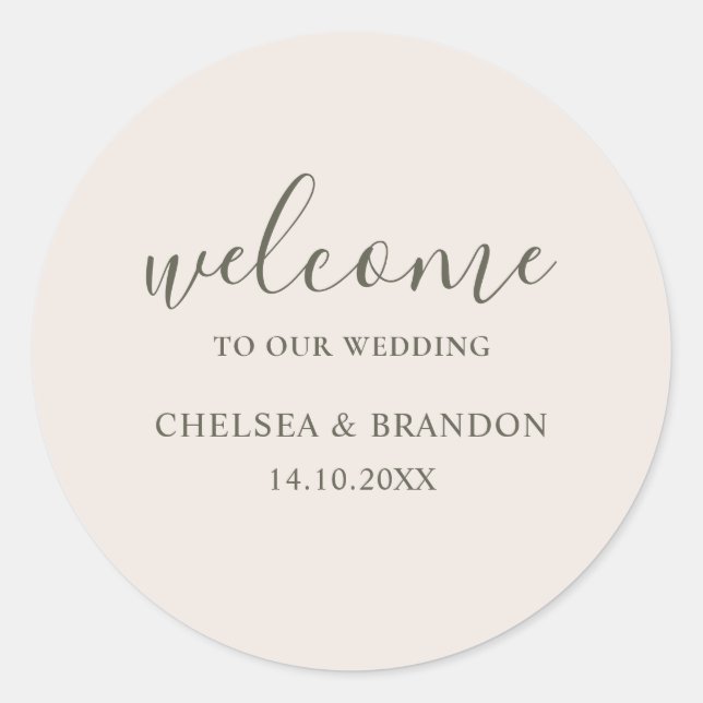 Minimalist Boho Chic Rustic Beige Welcome Wedding Classic Round Sticker (Front)