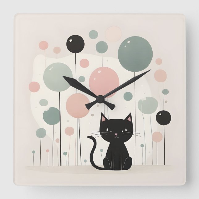 Minimalist Boho Cute Black Cat Nursery Kids Room  Square Wall Clock (Front)
