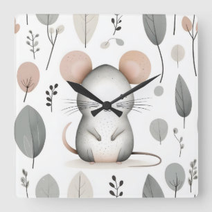 Minimalist Boho Cute Mouse Leaf Nursery Kids Room  Square Wall Clock
