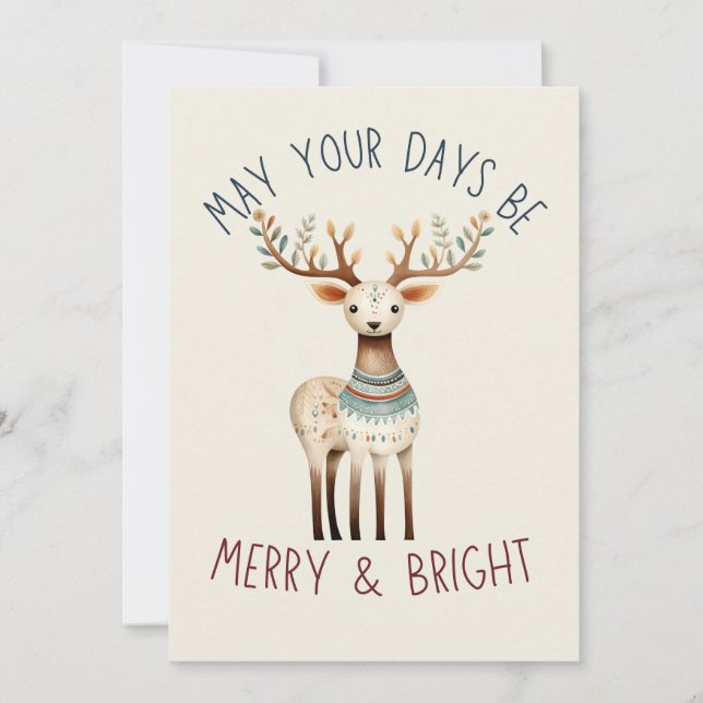 Minimalist Boho Earth Tone Cute Reindeer Christmas Holiday Card (Front)