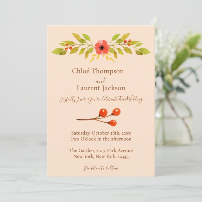 Minimalist Boho Fall Flower Wedding Invitation (Standing Front)