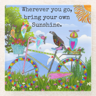 Minimalist Boho Floral Bicycle and Birds Glass Coaster