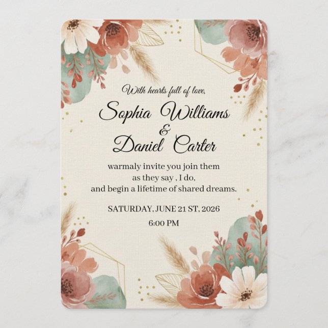 minimalist Boho Floral Wedding Invitation card (Front)