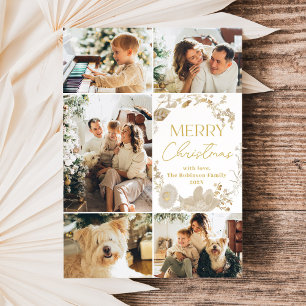 Minimalist Boho Gold Wreath Photo Christmas Card 