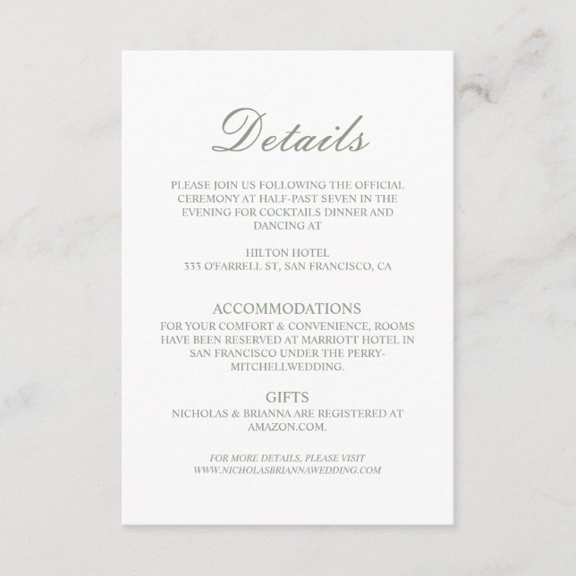 Minimalist Boho Green Elegant Wedding Details Enclosure Card (Front)