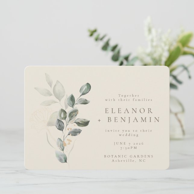Minimalist Boho Green Eucalyptus Botanical Wedding Invitation (Standing Front)