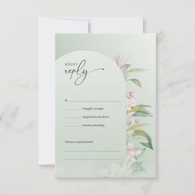 Minimalist boho greenery arch spring blush floral RSVP card (Front)