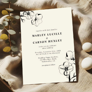 Minimalist Boho Hand Drawn Floral Ivory Wedding Invitation