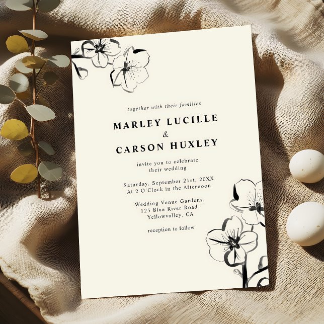 Minimalist Boho Hand Drawn Floral Ivory Wedding Invitation (Creator Uploaded)
