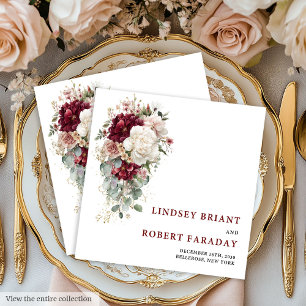 Minimalist Boho Maroon Gold Roses Wedding Napkins