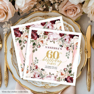 Minimalist Boho Maroon Roses 60th Birthday Napkins