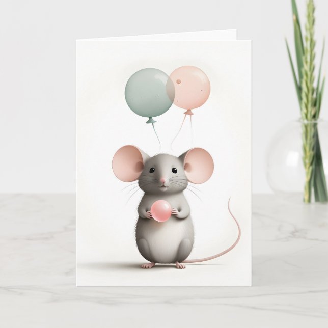 Minimalist Boho Mouse with Balloons Blank Greeting Card (Front)