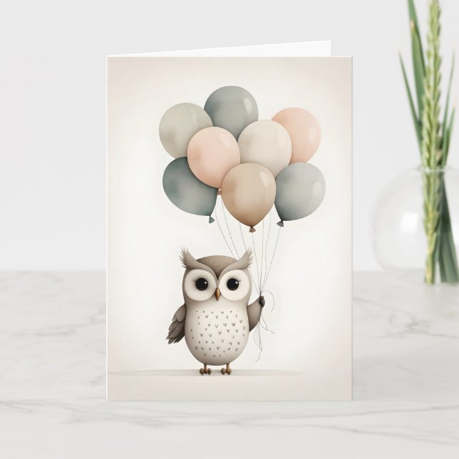 Minimalist Boho Owl with Balloons Blank Greeting Card (Front)