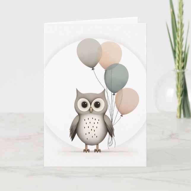 Minimalist Boho Owl with Balloons Blank Greeting Card (Front)