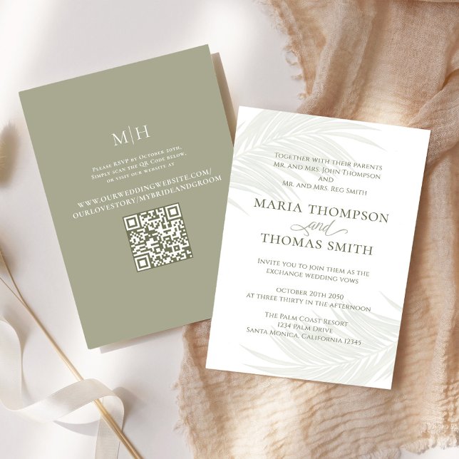 Minimalist Boho Palm Leaves Wedding Invitation (Elegant Boho tropical palm leaves wedding invitation. With a scannable QR Code. )