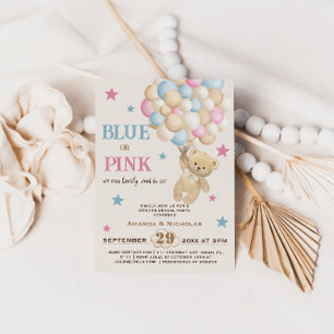 Minimalist Boho Pink Blue Bear Gender Reveal Invitation