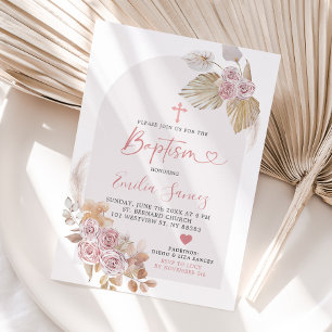 Minimalist Boho Pink Floral Arc Baptism Invitation