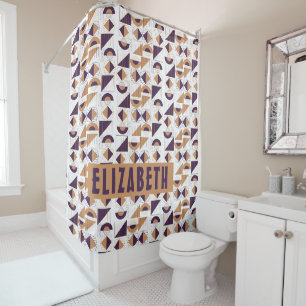 Minimalist Boho Purple & Gold Abstract Custom Name Shower Curtain