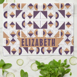Minimalist Boho Purple & Gold Abstract Custom Name Tea Towel