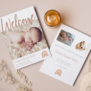 Minimalist Boho Rainbow Photo Birth Announcement