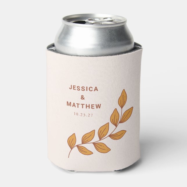 Minimalist Boho Retro Brown Vine Custom Wedding Can Cooler (Can Front)