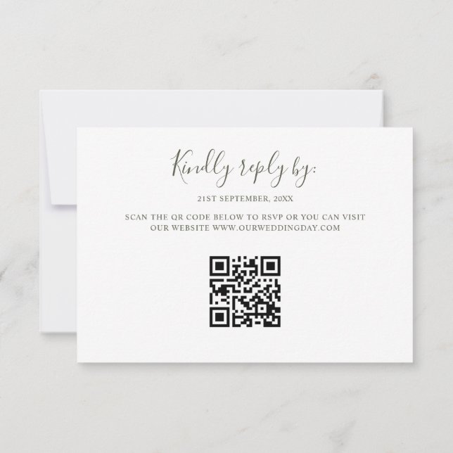 Minimalist Boho Retro Green Arch QR Code RSVP Card (Back)