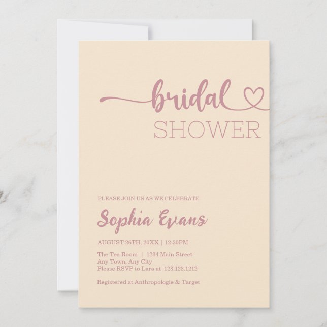 Minimalist Boho Rose Gold Champagne Bridal Shower Invitation (Front)