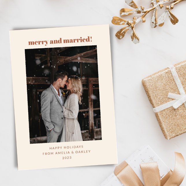 Minimalist Boho Rust Merry Married Christmas Photo Holiday Card (Creator Uploaded)